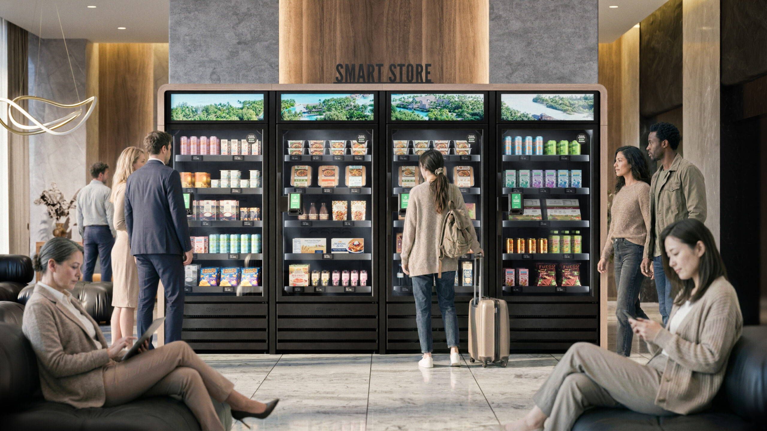 Smart cooler convenience amenity in a hotel lobby