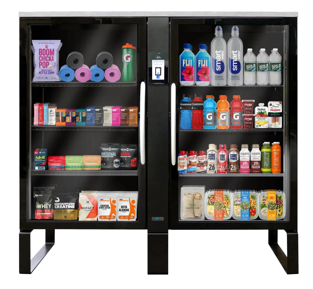 Stocked smart vending unit with gym snacks, drinks, and essentials